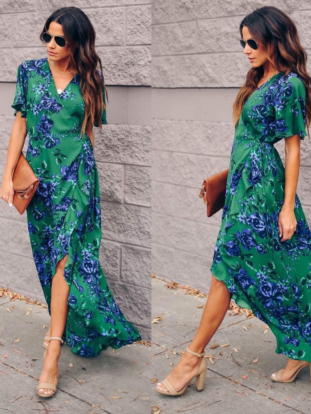 Women’s Green and Blue Floral Wrap Maxi Dress - size small